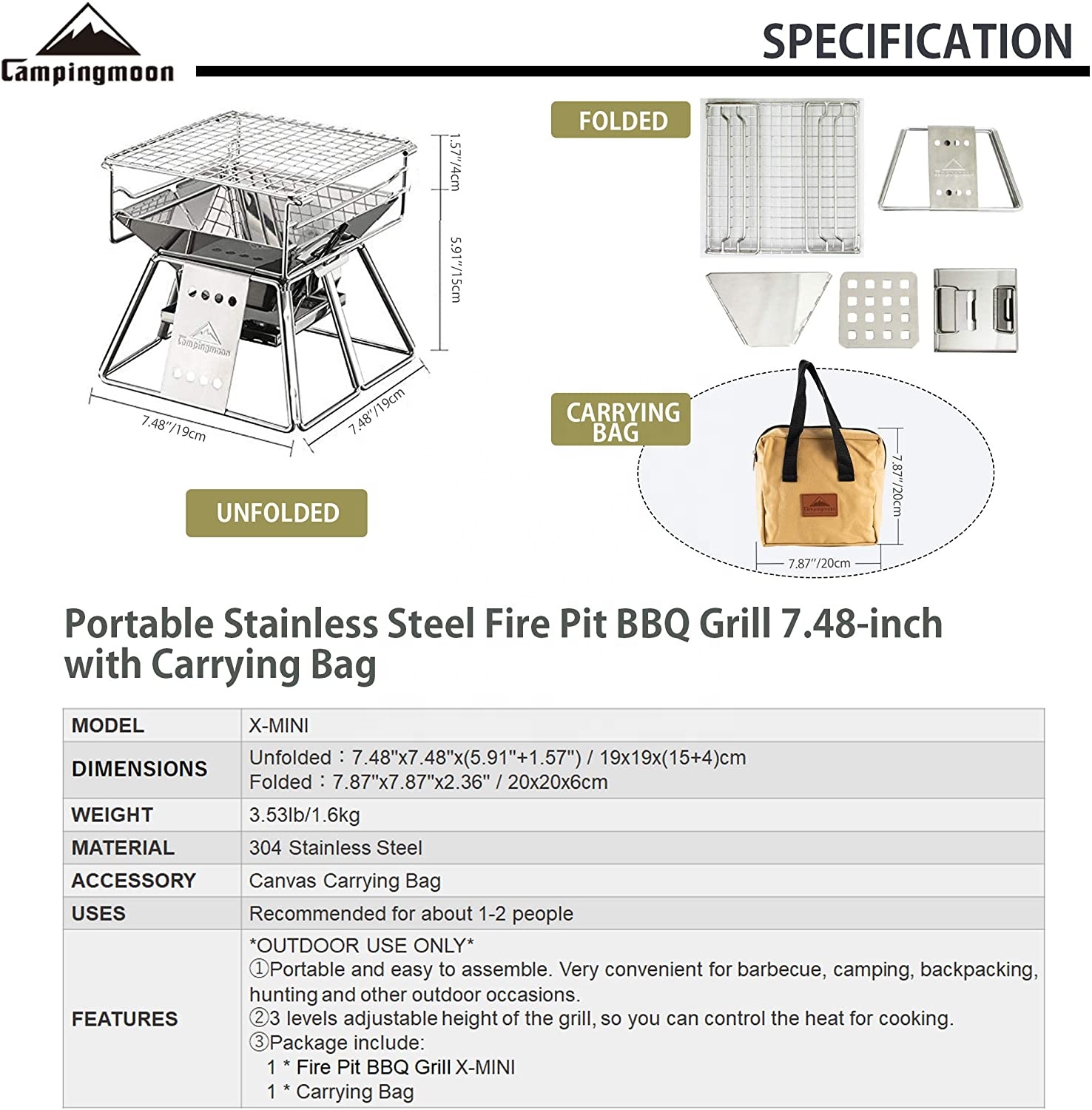 Campingmoon-Vertical ajustável - Charcoal Chimney Starter avaliação e preço