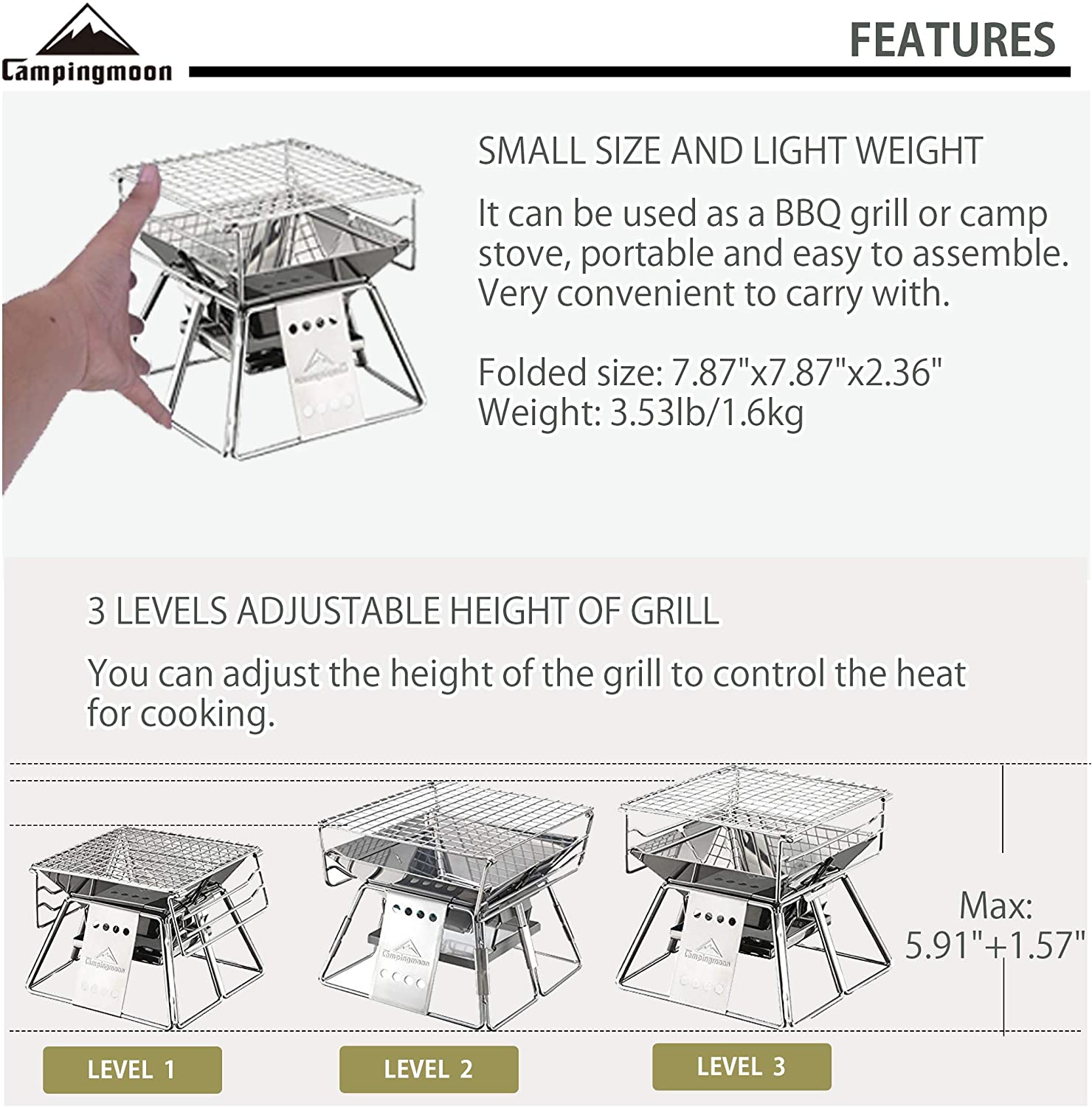 Campingmoon-Vertical ajustável - Charcoal Chimney Starter avaliação e preço